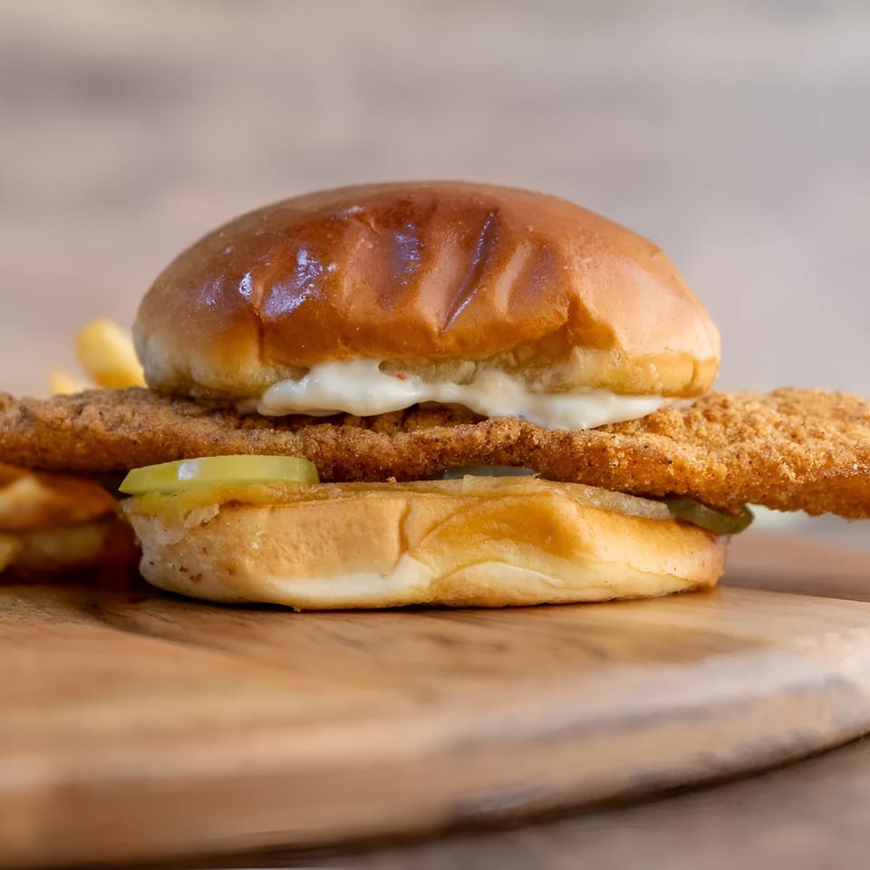 Crispy fried fish sandwich with pickles and tartar sauce on a brioche bun, served with fries.