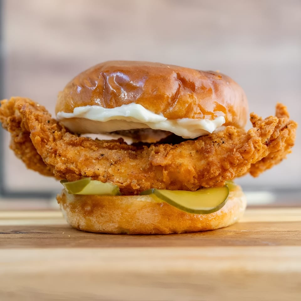 Crispy fried chicken sandwich with pickles and mayonnaise on a brioche bun, on a wooden board.