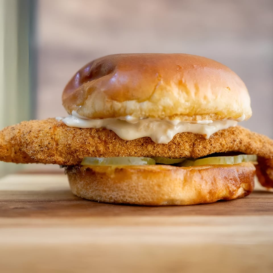 Crispy fried fish sandwich with tartar sauce and pickles on a brioche bun, on a wooden board.