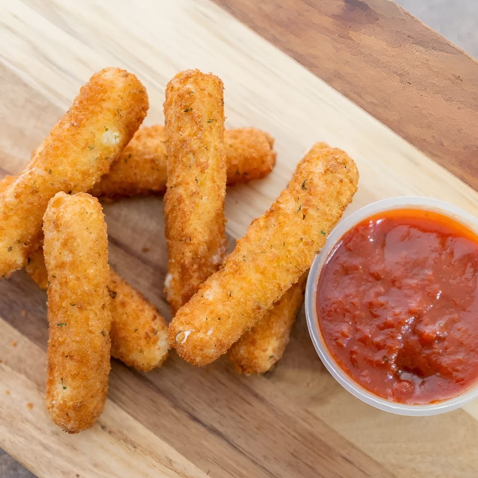 Golden-brown mozzarella sticks with herbs and a side of marinara sauce on a wooden board.