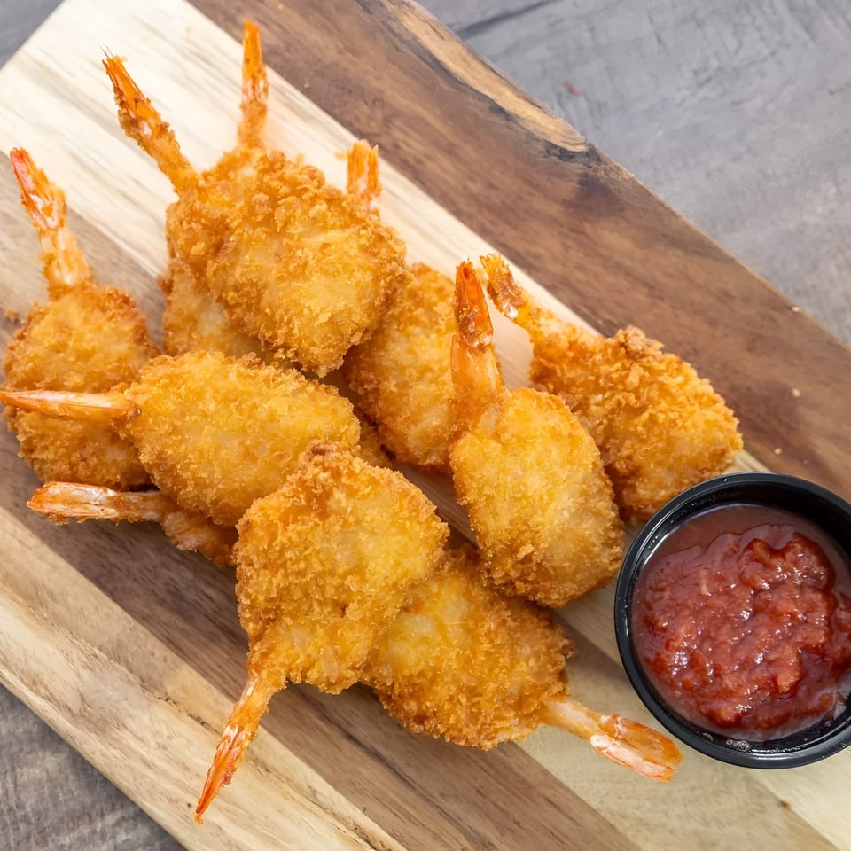 Crispy fried shrimp with tails on, served with a side of red dipping sauce on a wooden board.
