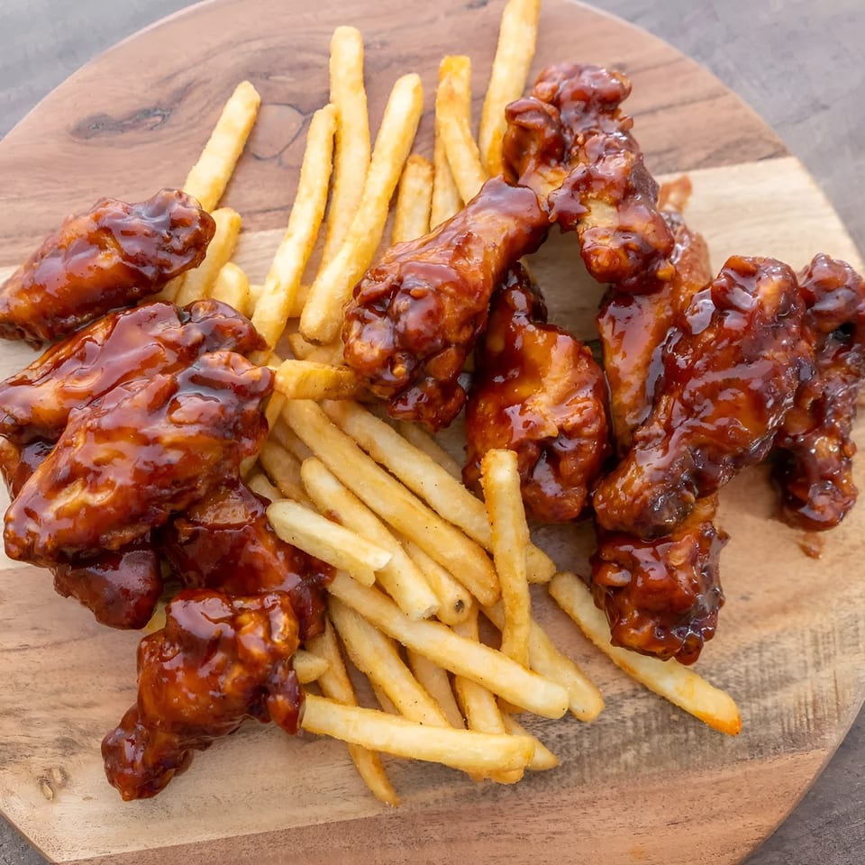 Sweet and sticky BBQ chicken wings with a side of golden french fries on a wooden board.
