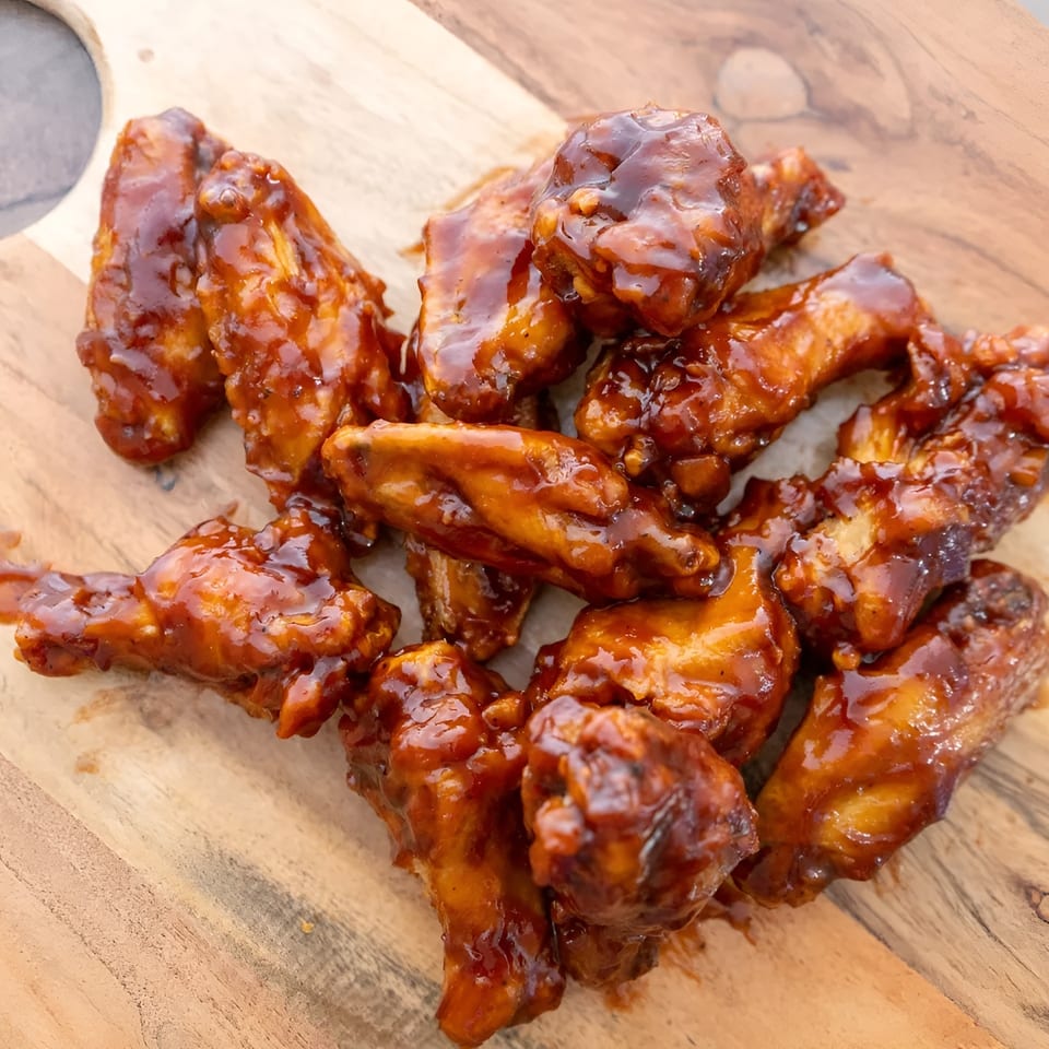 Pile of sticky, glistening barbecue chicken wings on a light wooden cutting board.