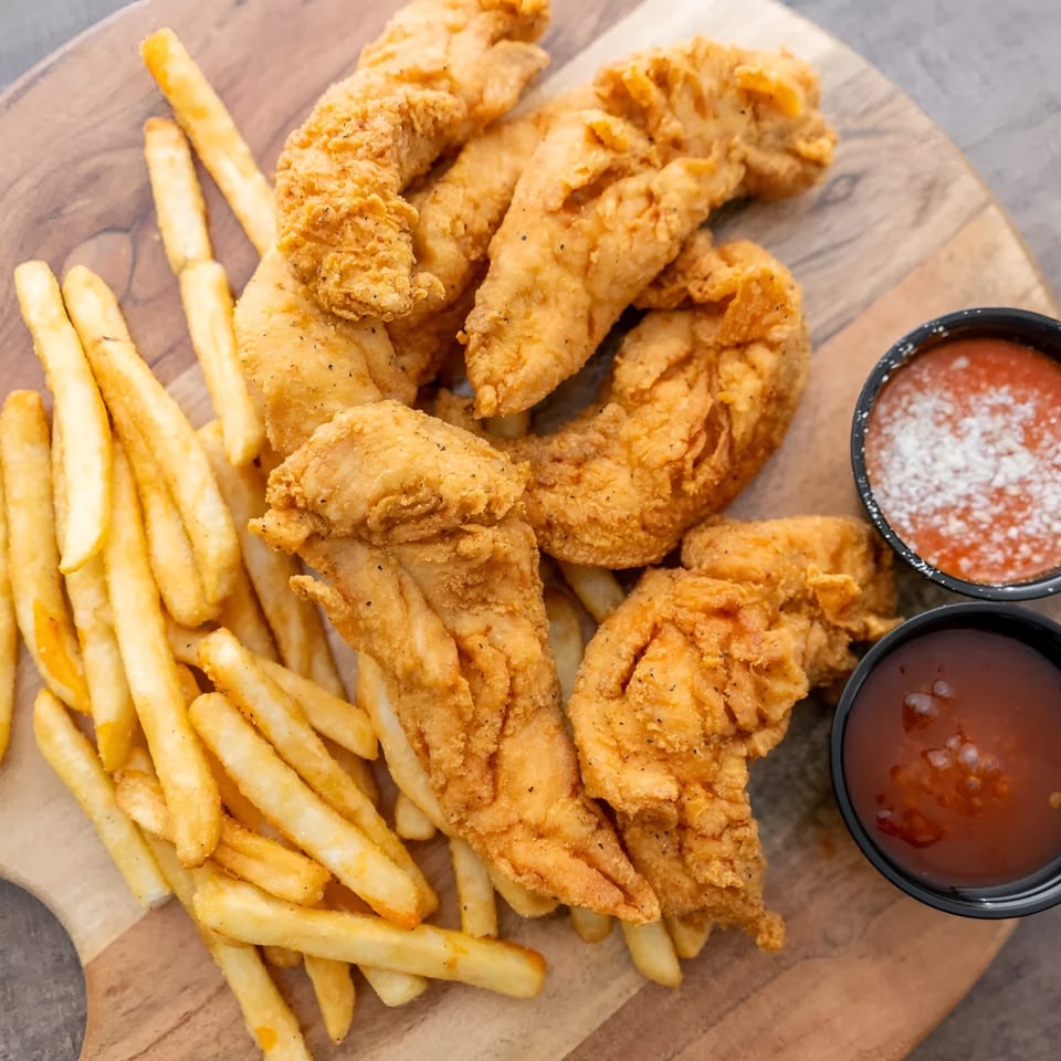 Crispy chicken tenders and golden french fries served with two dipping sauces on a wooden board.
